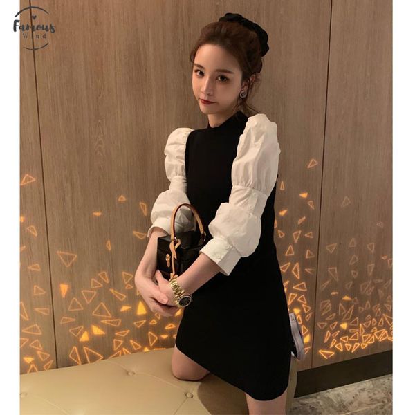 

тренд colorblock с длинным рукавом пакет хип мини платье сладкий выше колена мини женщины свободные повседневные слоеный рукав пуловер свите, Black;gray