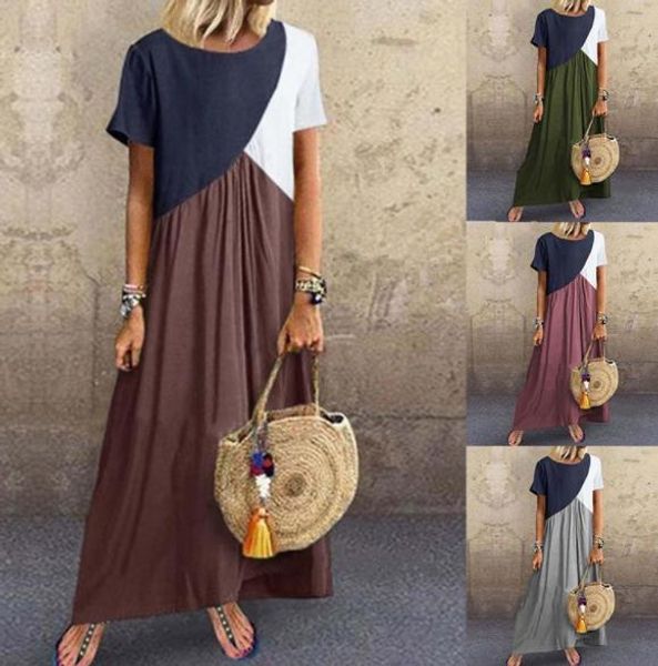 

Womens Summer Designer Solid Color Maxi Dresses Crew Neck Short Sleeve Female Clothing Geometric Stitching Contrast Casual Apparel