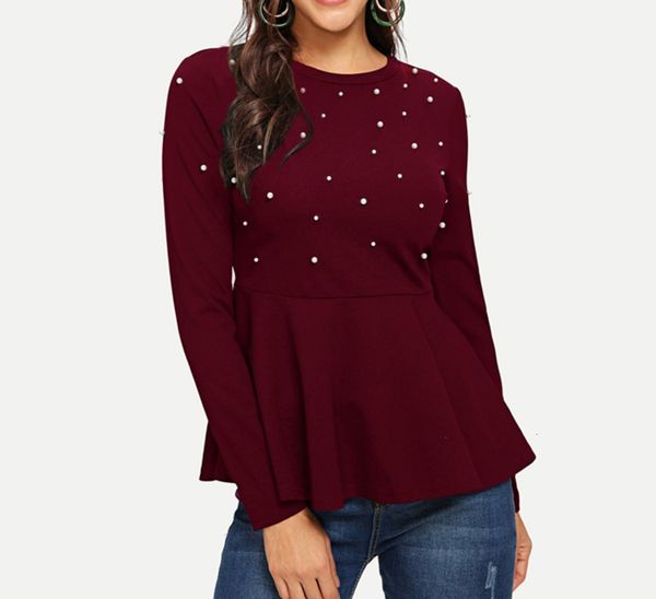 

women women blouse pearls beaded elegant blouse peplum red ruffle hem ladies and blouses autumn women long sleeve shirts, White