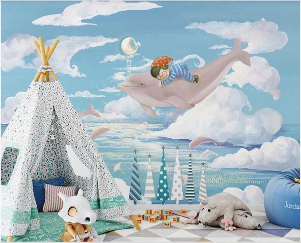 

custom p 3d wallpaper 3d space nordic hand drawn cartoon ocean dolphin children's room background wall wallpaper for walls 3 d
