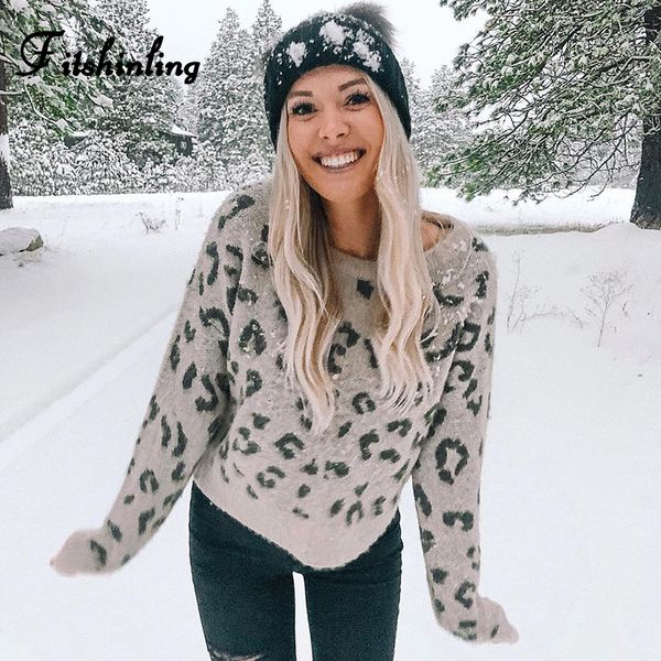 

fitshinling fashion leopard winter sweaters holiday 2019 slim autumn pullover long sleeve jumper knitwear khaki ladies sweater, White;black