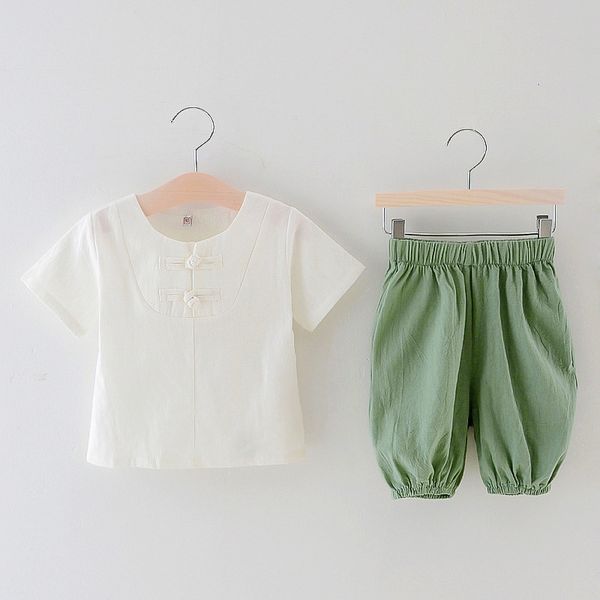 

3-8 years children's solid color cotton and linen short-sleeve tang suit summer hanfu boy chinese style children two-piece suit, White
