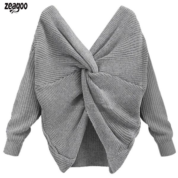 

new women casual v-neck irregular crossing backless, knotting knitted pullover thicken, pullover, sweater, White;black