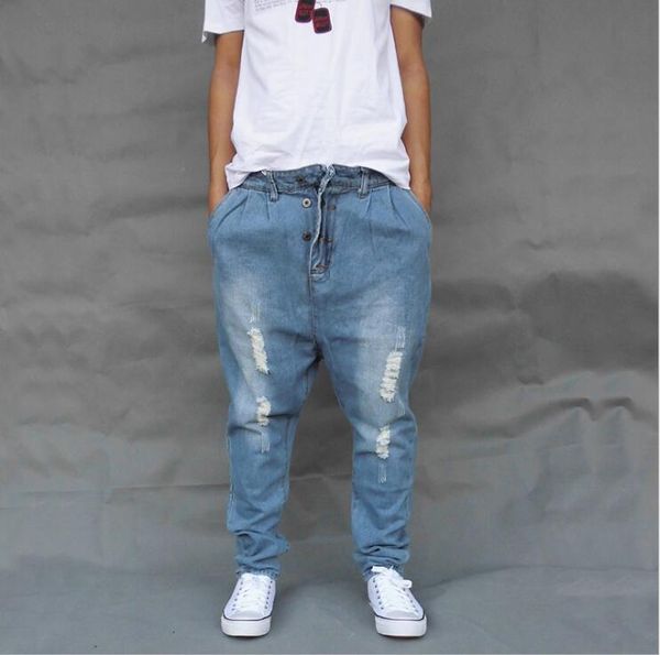 

loose harlan jeans plus fat xl skate pants trend men's feet hip hop pants street dance drawstring trousers plus size joggers, Blue