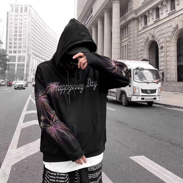 

japanese street fireworks embroidery hoodies hip-hop style hoodie lovers loose men women, Black