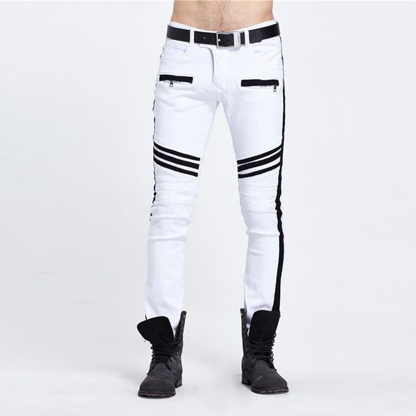 

skinny mulit zipper pockets panelled mens jeans casual males clothing stripe panelled mens designer jeans fashion, Blue