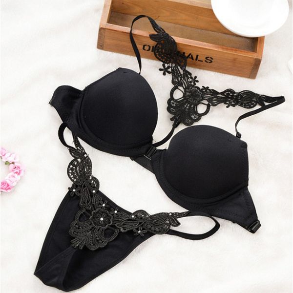 

front closure bra briefs set for women g string bralette a b cup backless lingerie set underwire underwear female intimates, Red;black