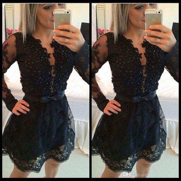 

2019 charming long sleeves cocktail sheer neck prom dresses mini skirt short homcoming gowns black beaded custom size prom gowns