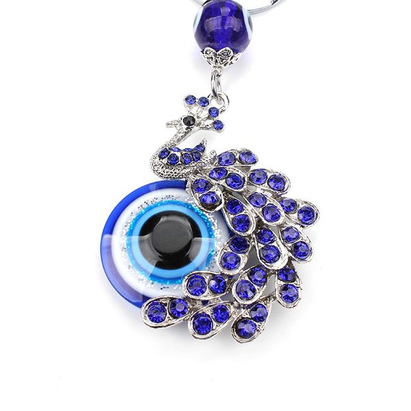 

fashion blue crystal peacock key chain key ring trinket gift purse bag evil eye jewelry, Silver