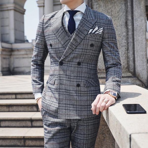 

doulbe breasted suits mens plaid elegant suits mens business british terno slim fit formal costume homme mariage grey, White;black