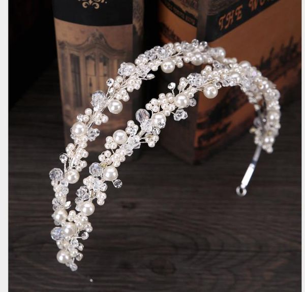 

pearl double-row hair hoop white hand-made pearl water bit with bride's hair ribbon, Slivery;golden