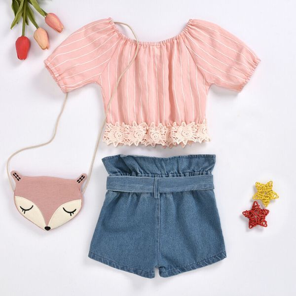 

2шт малыш детские дети девушки с плеча футболки топы+ джинсовые шорты наряды, White