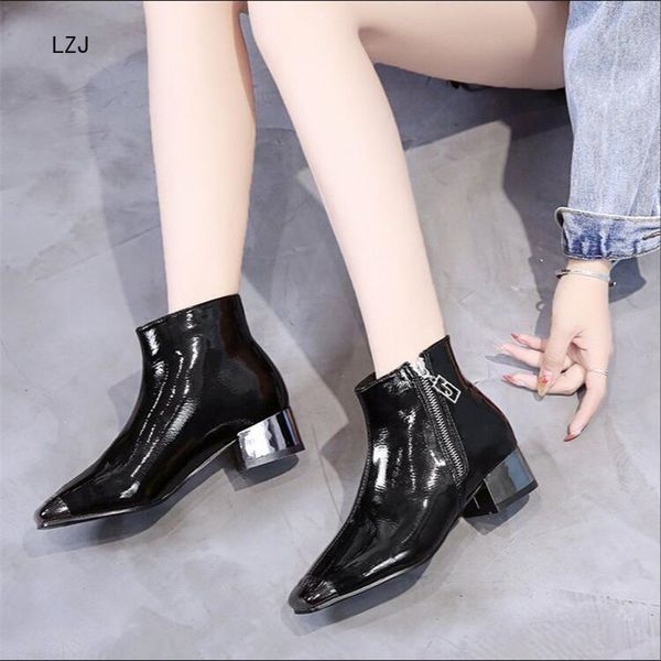 

lzj 2019 women boots pu leather autumn winter shoes woman spuare toe block heels ankle boots female botas zapatos mujer 35-39, Black