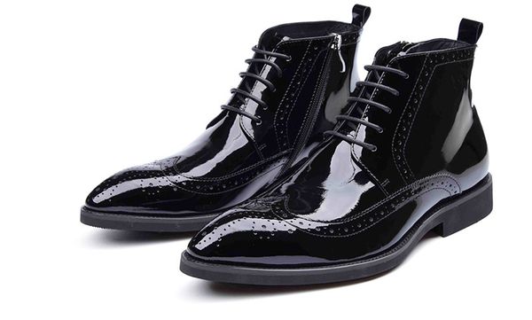 

europe station men shoes boots patent leather boots lace-up trend cowhide black brown work shoes 44