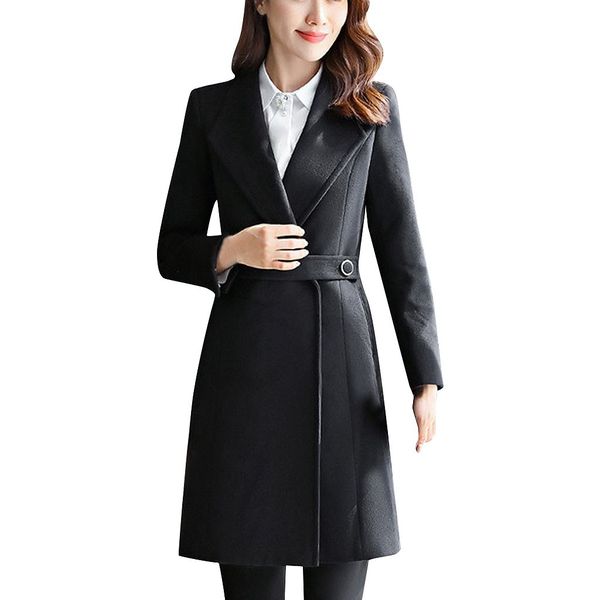 

women's solid coat professional wear medium and long waist jacket thickened woolen black cotton long sleeve slim fit coat