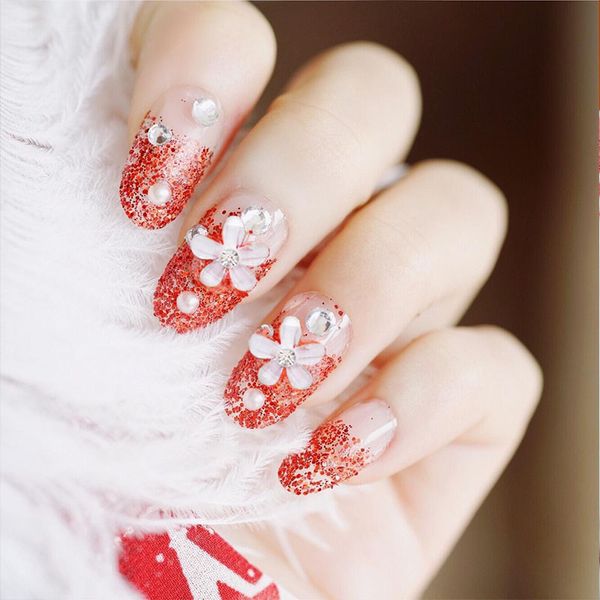 

24pcs exquisite women manicure decorations red flower fake nails glitter diamante full cover round artificial nail tips tools, Red;gold