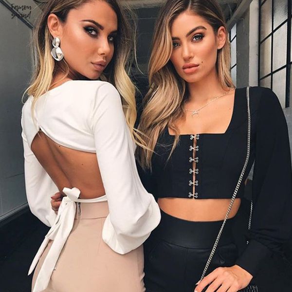 

crop backless short sleeve t shirt women square collar summer women bow tie women, White