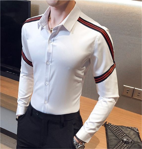 

male luxury shirt long sleeved single breasted mens striped print turn down collar casual shirts, White;black