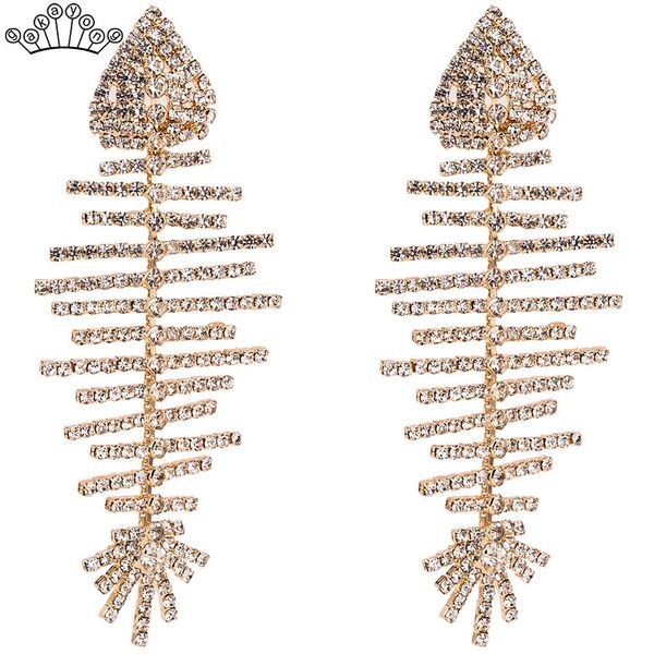 

trendy wedding earrings crystal fish bone long drop earrings for women party prom statement jewelry gift korean earrings, Golden