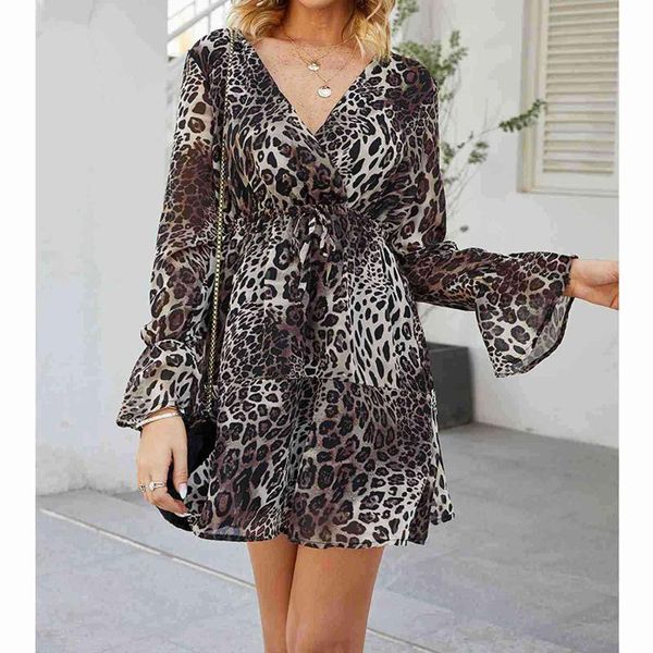 

женская весна v животных печати талия рюшами рукава платья, Black;gray