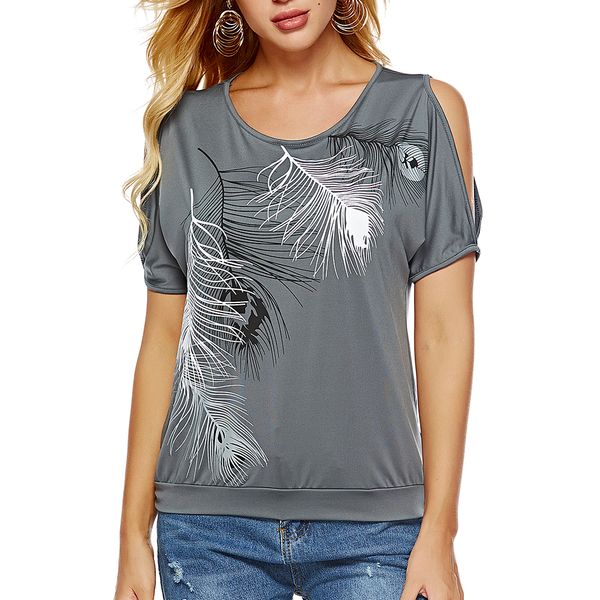 Mulheres atacado Casual T-Shirt Verão 2019 curto Batwing luva frouxo Tops Cold Shoulder Feather Imprimir Tee Além disso Camiseta Tamanho do S-5XL