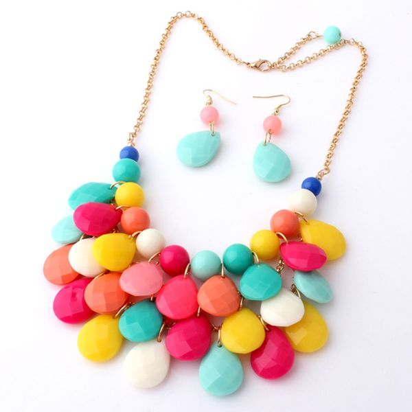 

women necklace fashion design vintage waterdrop raindrop tier necklace earrings sweet style chain choker jewelry set#137, Silver