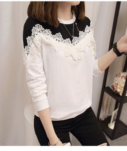 

trendy long sleeve hoodies flower lace cotton 3xl plus size autumn korean women hoodie patchwork sweatshirt female loose, Black