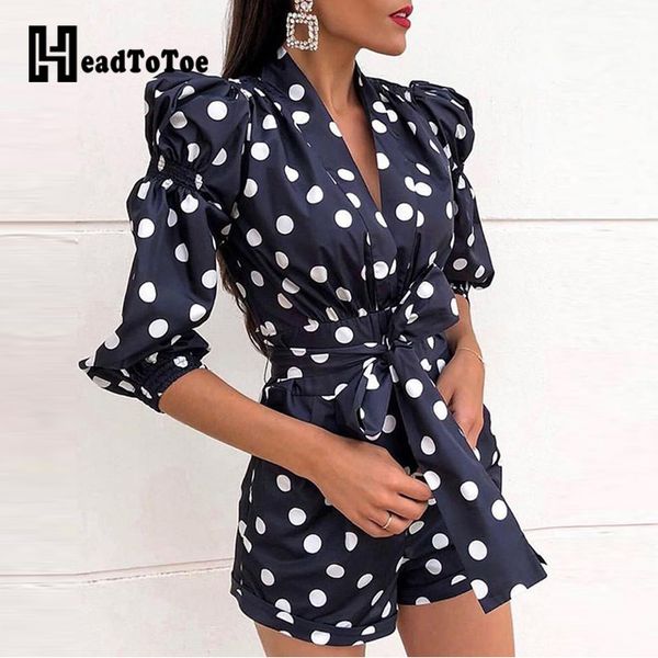 

women puffed sleeve dot print knotted rompers ladies casual summer autumn playsuits, Black;white