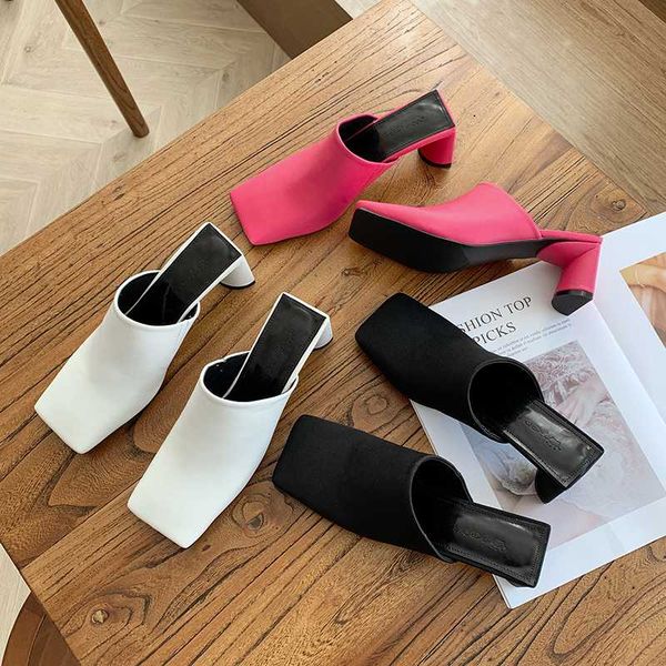 

fashion square toe women's slippers summer slides ladies mules shoes party dress pumps slip on flip flops slippers size 39, Black