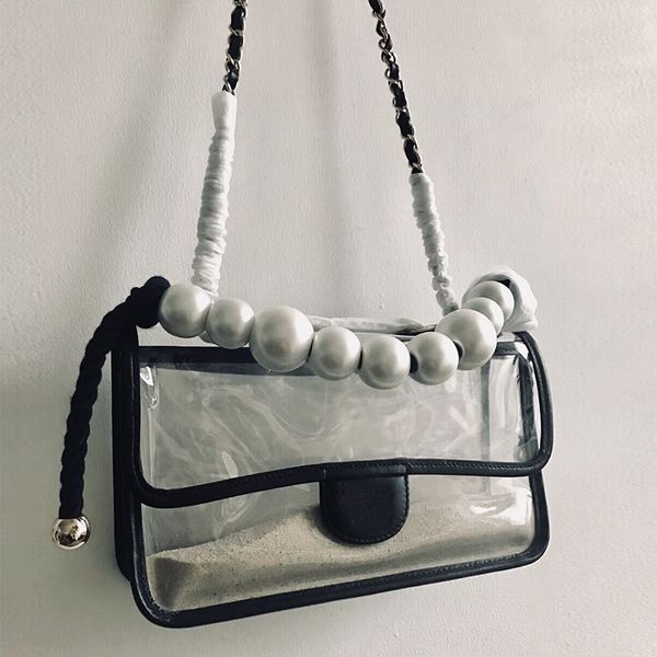 

2019 ummer pvc pearl flap houlder bag 25cm women 039 medium pearl chain handbag lamb kin patchwork 0520