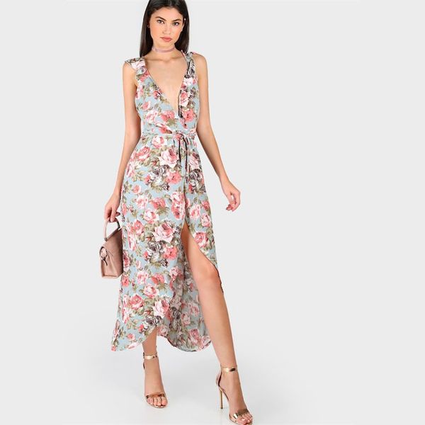 

neck crisscross backless floral rose print wrap belted boho beach maxi dress 2019 summer women vacation shift dress, Black;gray