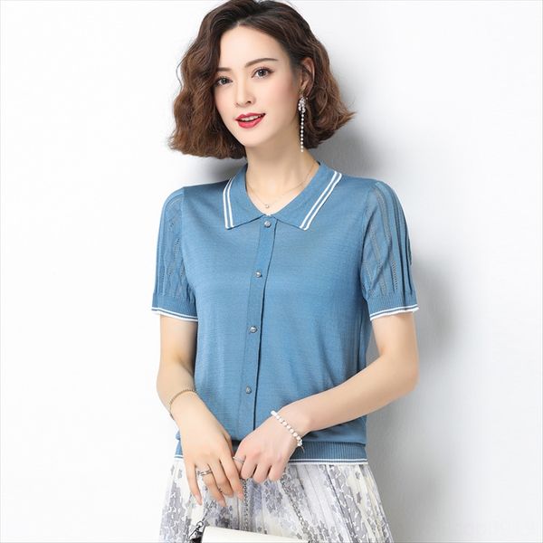 

ice silk short-sleeved lapel t- women's summer dress 2020 shirt short middle-aged young mom knitted shirt, White