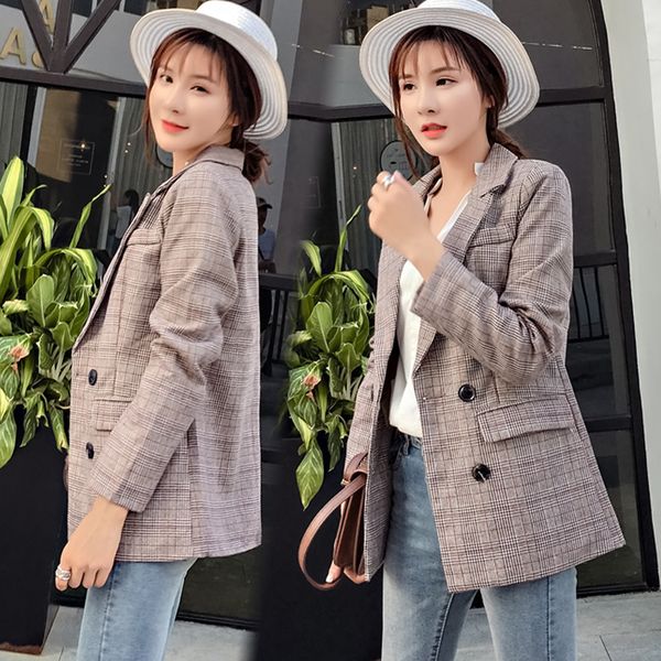 

2019 fashion plaid women blazer coat retro button lattice suit jacket with shoulder pads jacket blazer female casual coats, White;black