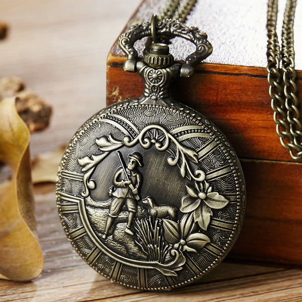 

soldier guard hunting pocket watch necklace clock with chain men & women dog flower laser engraved steampunk quartz fob watches, Slivery;golden