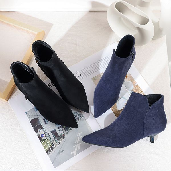 

2019 new boots women shoes mujer zipper short booties ankle boots flock thin low black heels pointed toe autumn winter