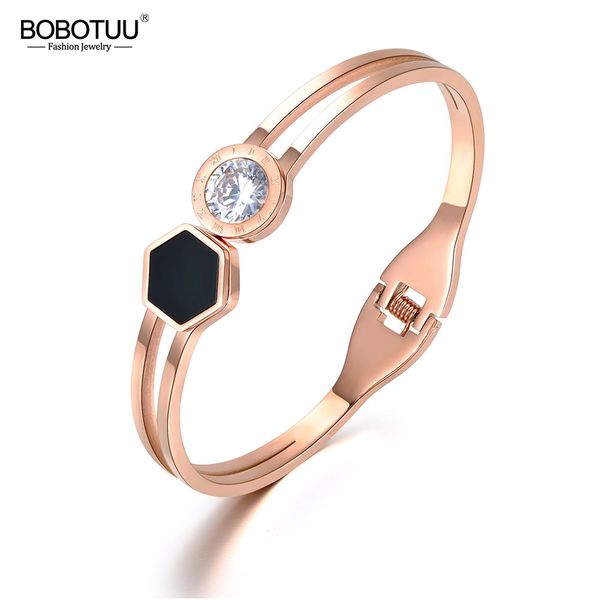 

bobotuu romantic stainless steel roman numerals cubic zirconia cuff bangles bracelets lovers jewelry for women gift bb18049, Black