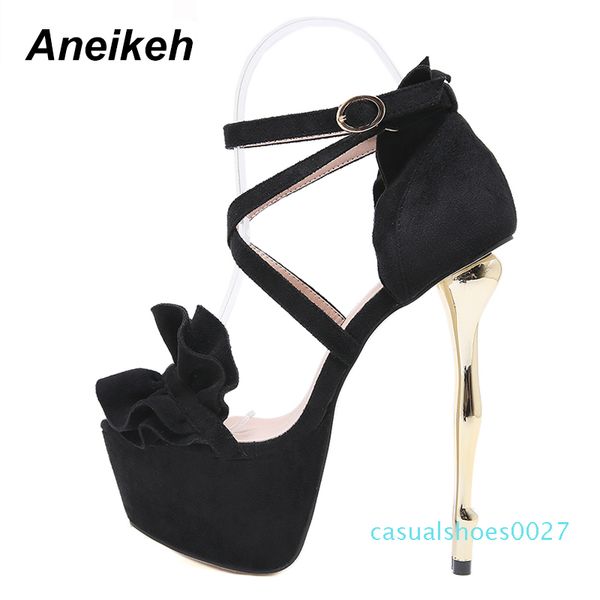 

aneikeh 2020 summer flower platforms gladiator sandals shoes woman ankle strap fetish thin high heel peep toe party shoes c27, Black