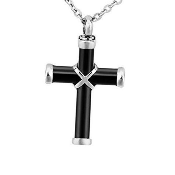 

stainless steel cremation jewelry black cross pendant memorial ashes urn necklace for women men, Silver