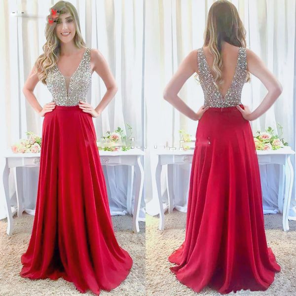 

a line red chiffon evening dresses beaded formal prom gowns v neck with beading long party gowns, Black