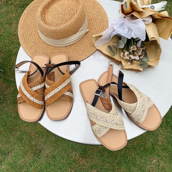 

2020 summer back strap sandals women cane weave gladiator shoes buckle flats slides peep toe cross strap casual zapatos de mujer, Black