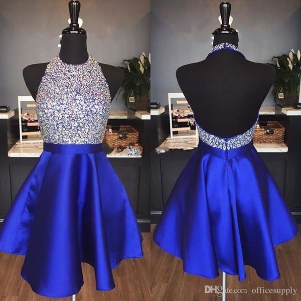 Sexy Royal mais novo azul Banheiro brilhante, uma linha de linhas odiantes sem as costas de joelho curto dos joelhos vestidos de festa feitos personalizados feitos personalizados