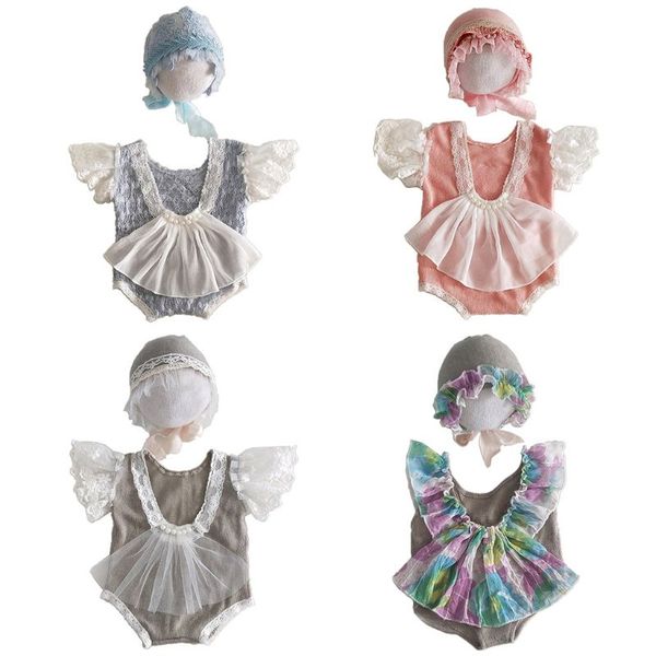 

2pcs newborn pgraphy props suit lace romper + hat set knit outfits clothing g99c, White