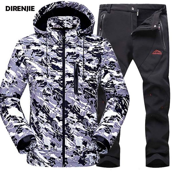 

direnjie winter men waterproof trekking camouflage soft shell outdoor hoodie jacket hiking camping sharkskin fleece pants sets, Blue;black