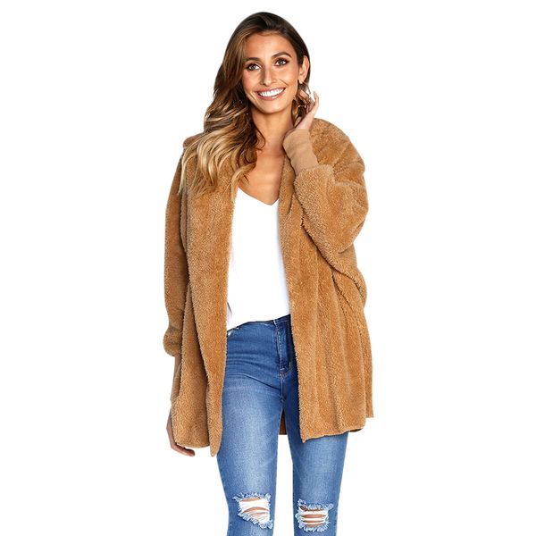 

2019 new women coat autumn winter jacket women warm fur 4 colors solid hooded jackets coat black pink streetwear clothes, Black;brown