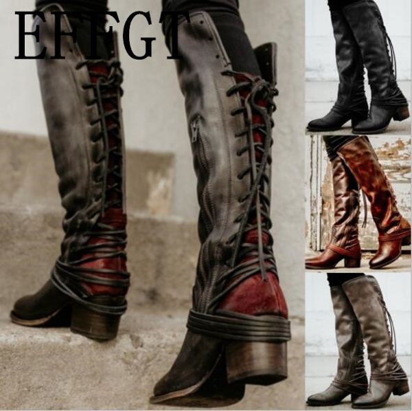 

effgt 2019 sapato women boots knee high vintage pu leather shoes woman cross-tied lace up gladiator tassels over-knee long boots, Black