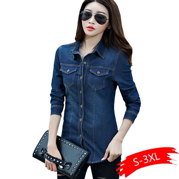 

jeans shirt women 2020 long sleeve slim casual vintage elastic ladies denim shirts blusas feminina woman blouses and, White