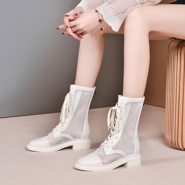 

white genuine cow leather new style mesh boots comfortable high heeled summer white boot hollow-out boots sandal shoes lb0002, Black