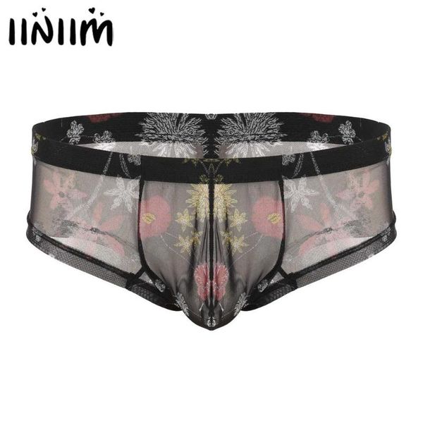 

mens male see through sheer lingerie exotic panties jockstraps bulge pouch flower printed sissy gay briefs underwear underpants, Black;brown