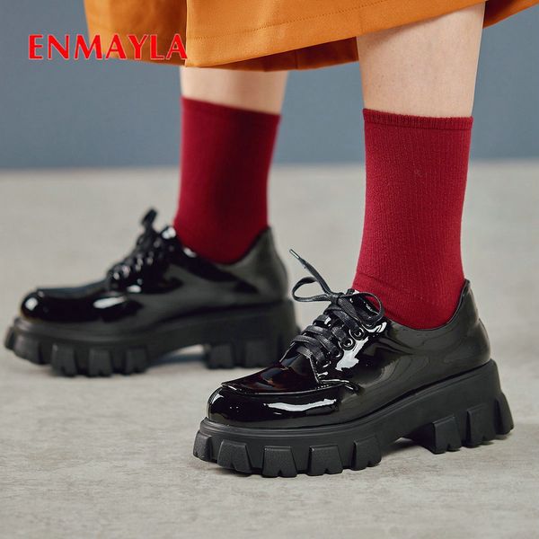 

enmayla 2020 fashion womens shoes patent leather round toe wedding shoes casual lace-up square heel platform heels women pumps, Black