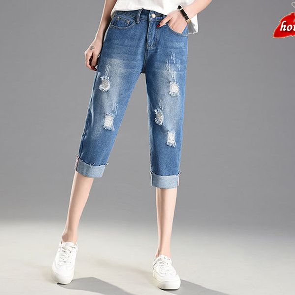 

high waist boyfriend jeans women fashion jeans calf length denim pants casual straight holes trousers plus size o8r2, Blue